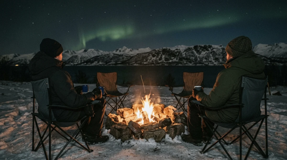 Travellers warming up by a campfire during an evening chase, part of planning how many days in Tromsø to see the northern lights