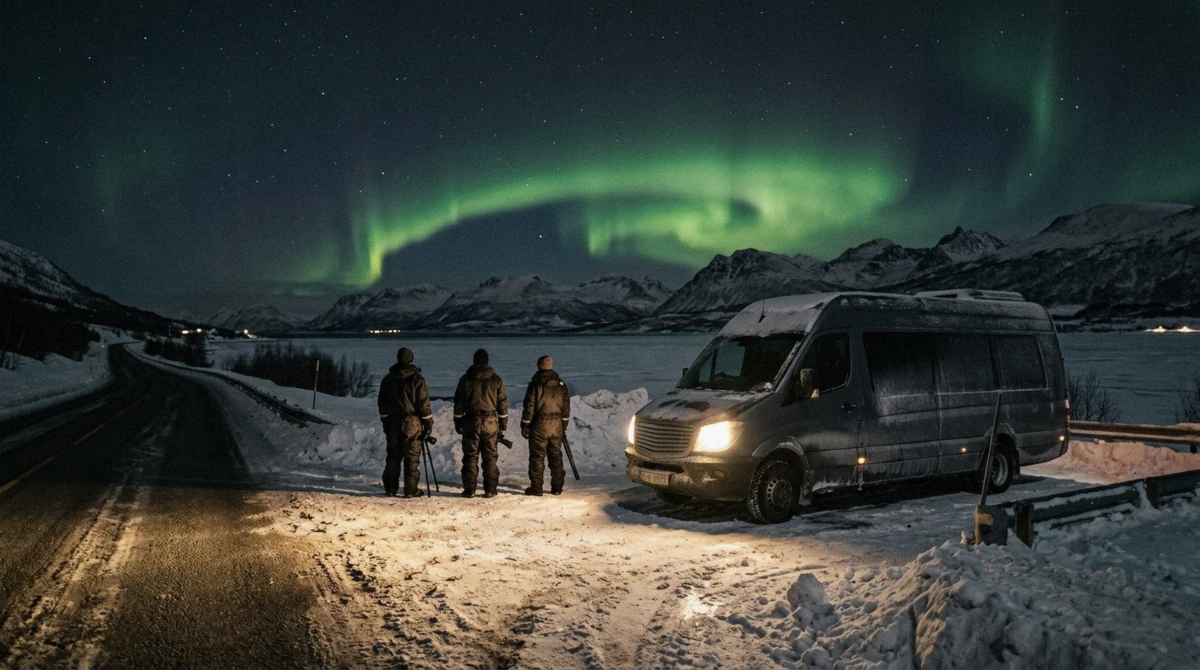 A minibus stopped at a dark roadside pull-off during a Tromsø northern lights forecast chase, guides reading the sky before committing to a spot