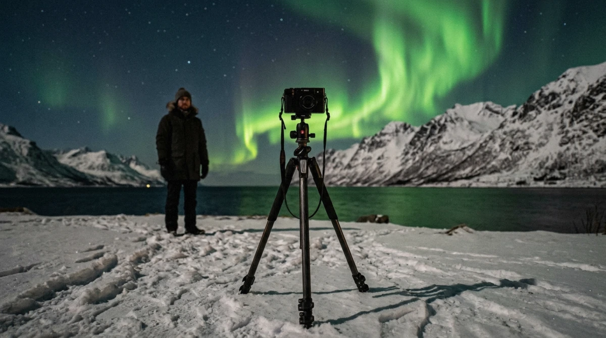 A camera mounted on a tripod pointed at green northern lights near Tromsø, set up for a long-exposure aurora photograph