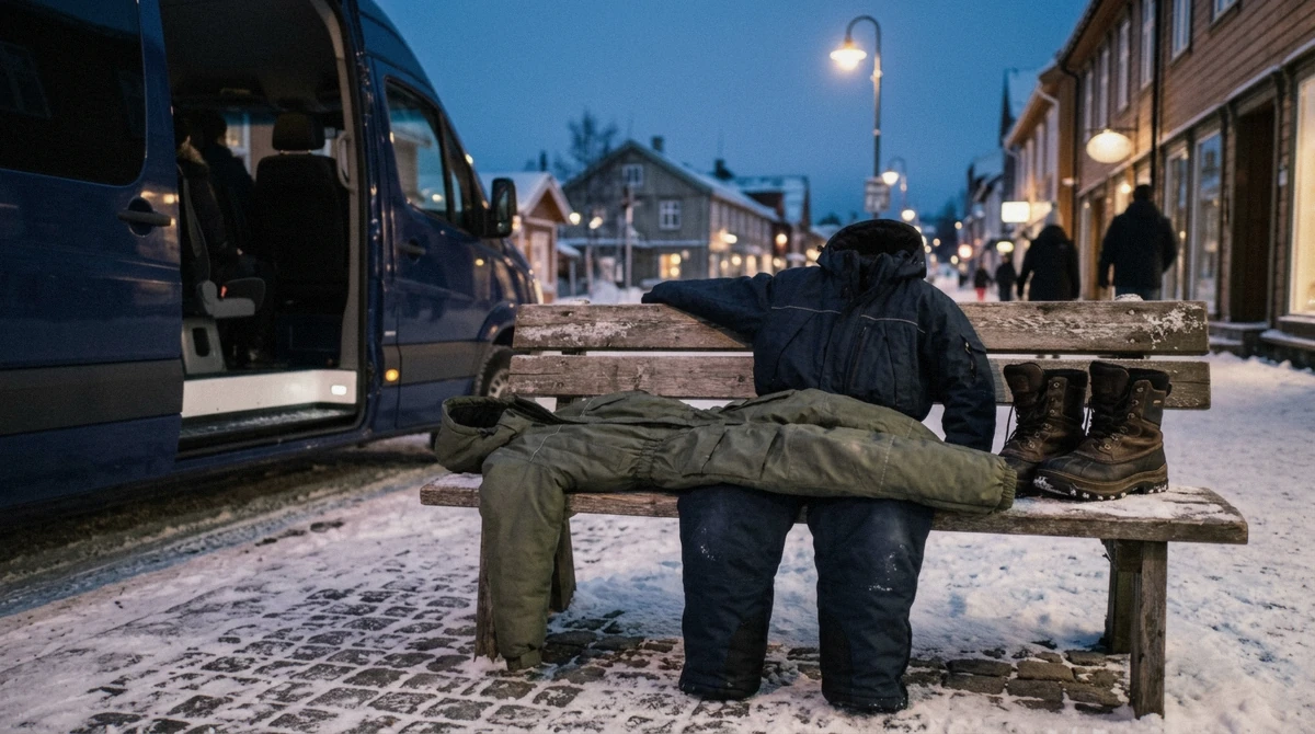 Rows of insulated thermal suits ready for guests before a Tromsø northern lights tour, the layer lent on every chase